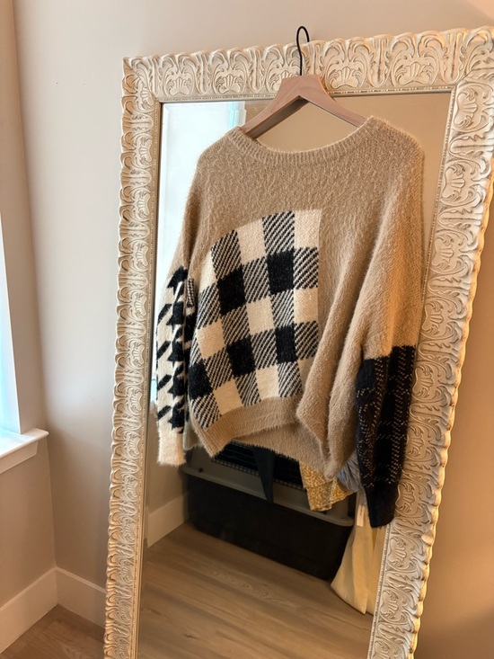 Vici Sweaters - Vici Beige Plaid Crewneck Sweater with Black & White Accents